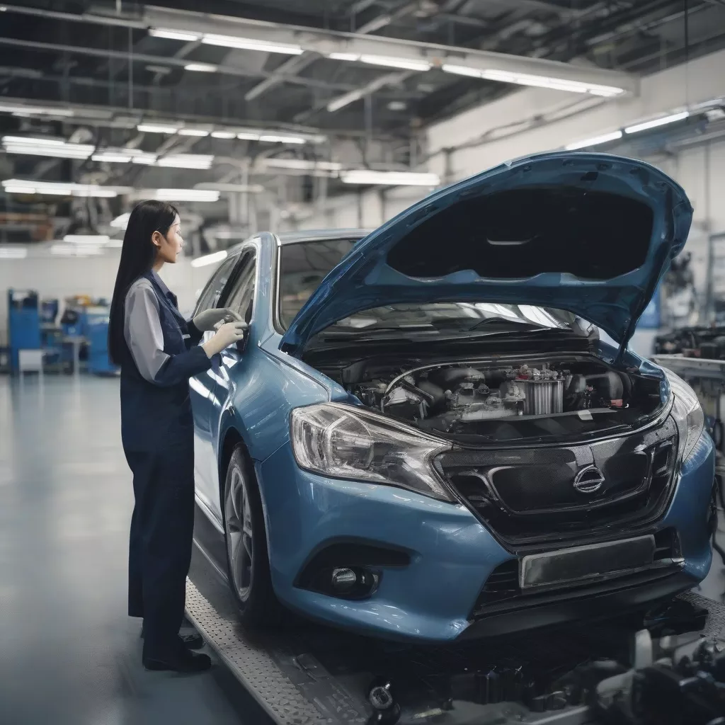 Nữ kỹ sư ô tô đang kiểm tra động cơ tại trung tâm bảo dưỡng