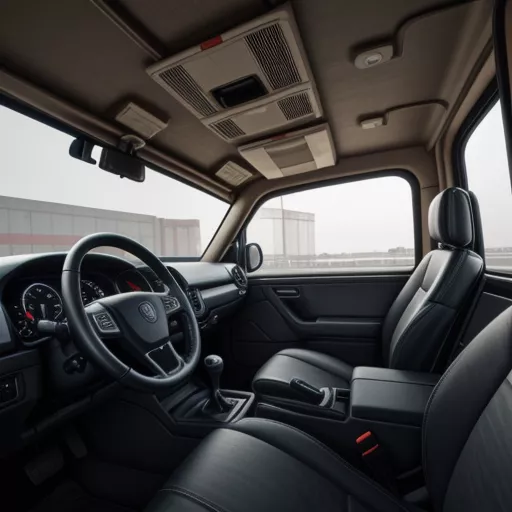 The modern and comfortable interior of a Howo 3-axle dump truck.