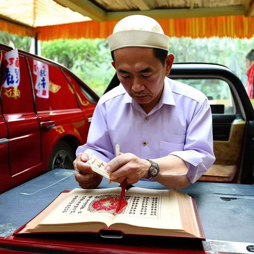 Feng Shui expert checking auspicious date for car delivery