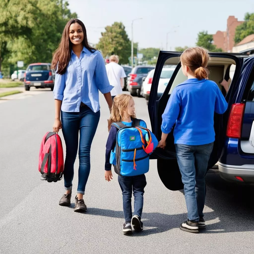 A parent taking their child to school in a car