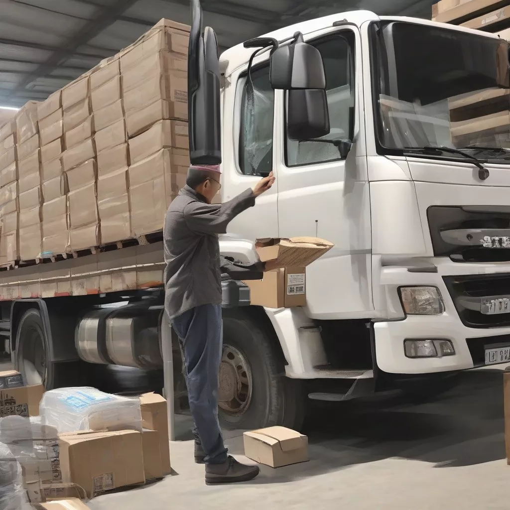 卡车装卸工正在检查货物