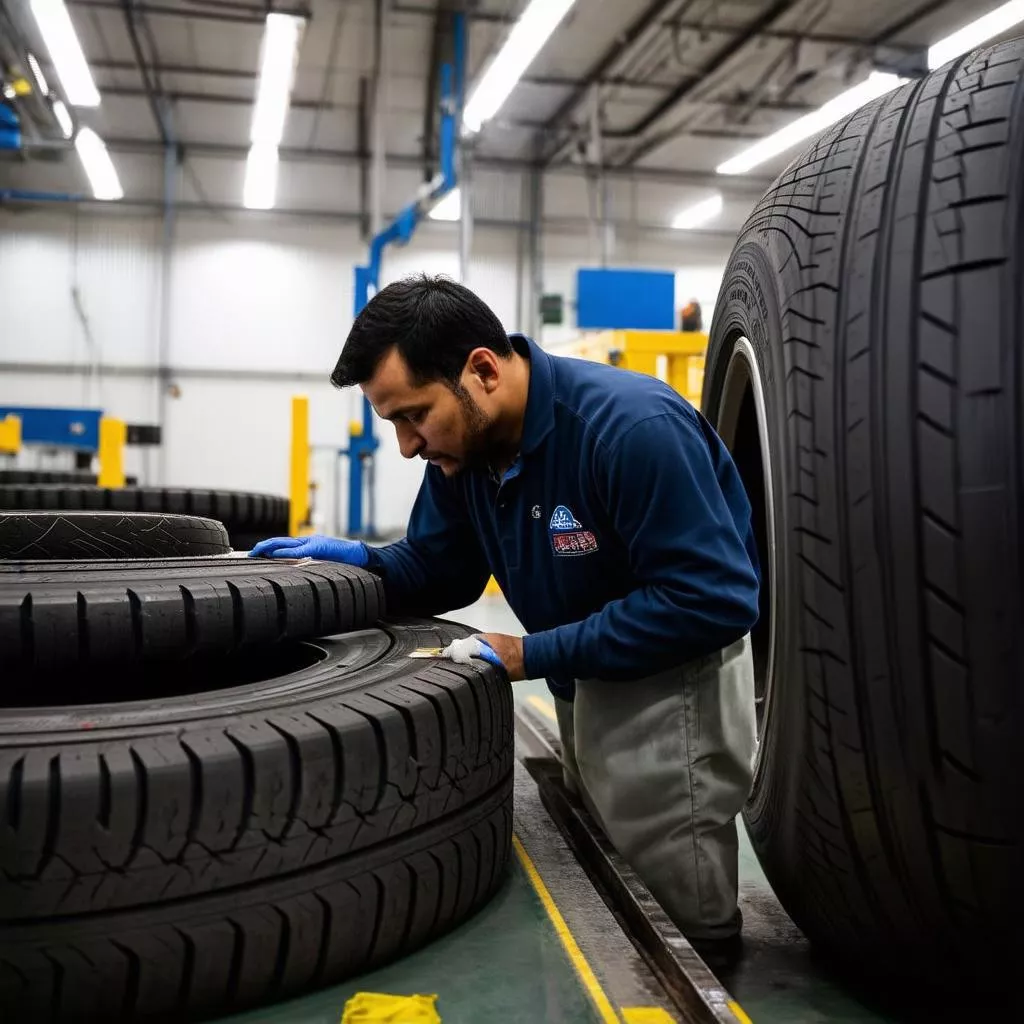 Tire components being cut and shaped