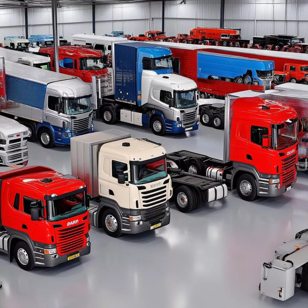 Modern truck showroom with various trucks on display