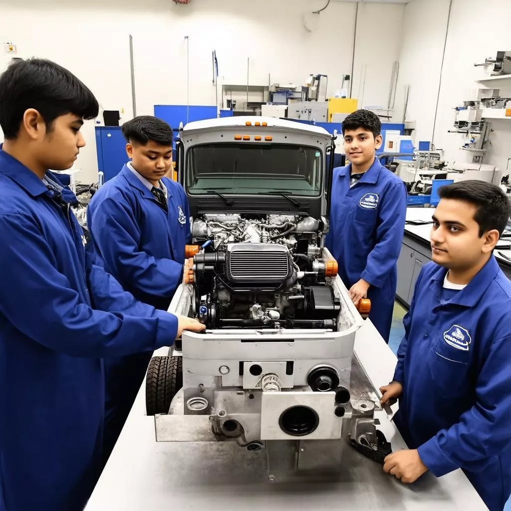 Sinh viên đang học về động cơ xe tải