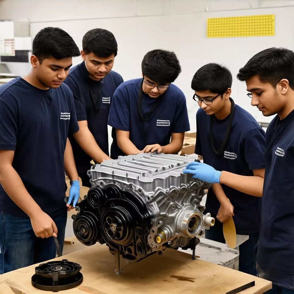 Automotive Mechanics Students Practicing in Workshop