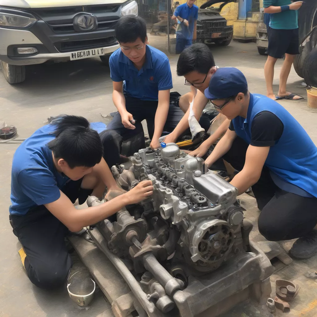 Sinh viên thực hành sửa chữa động cơ xe tải