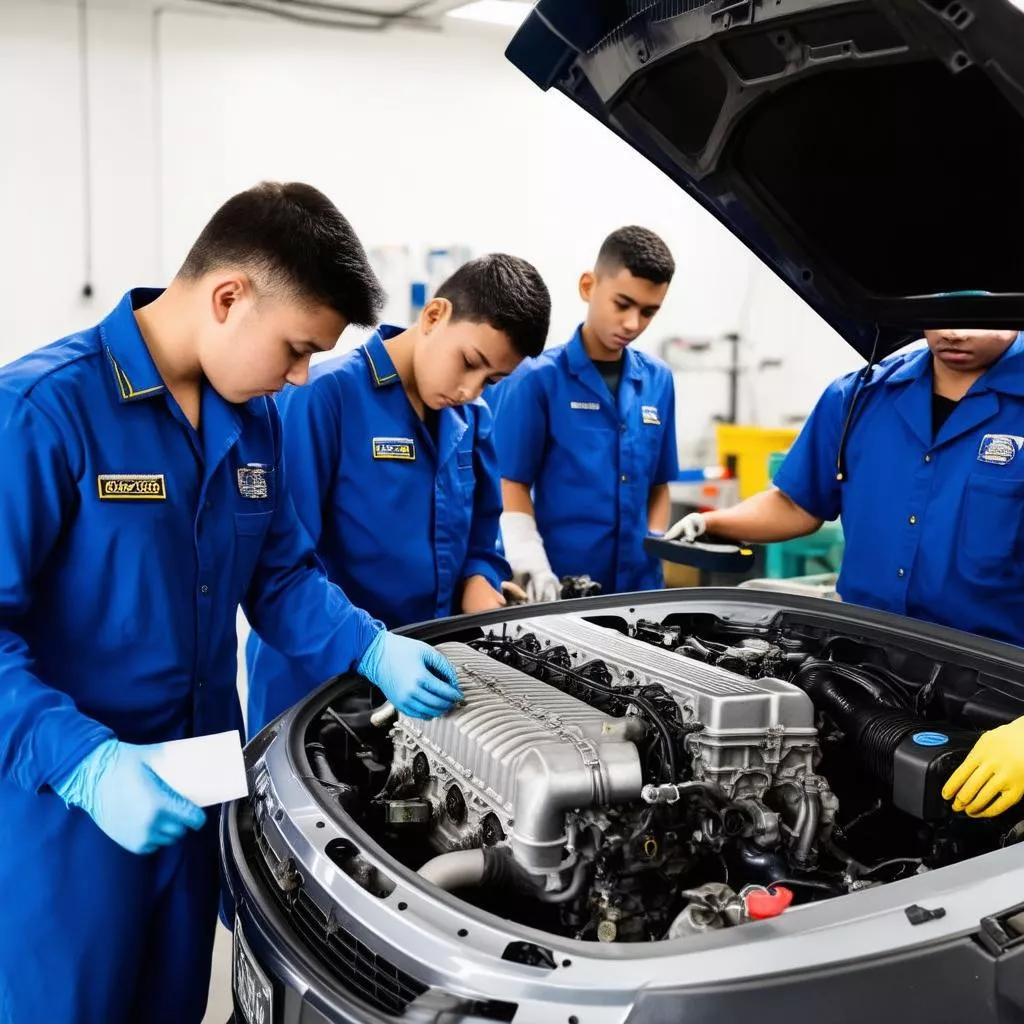 Students practicing car repair