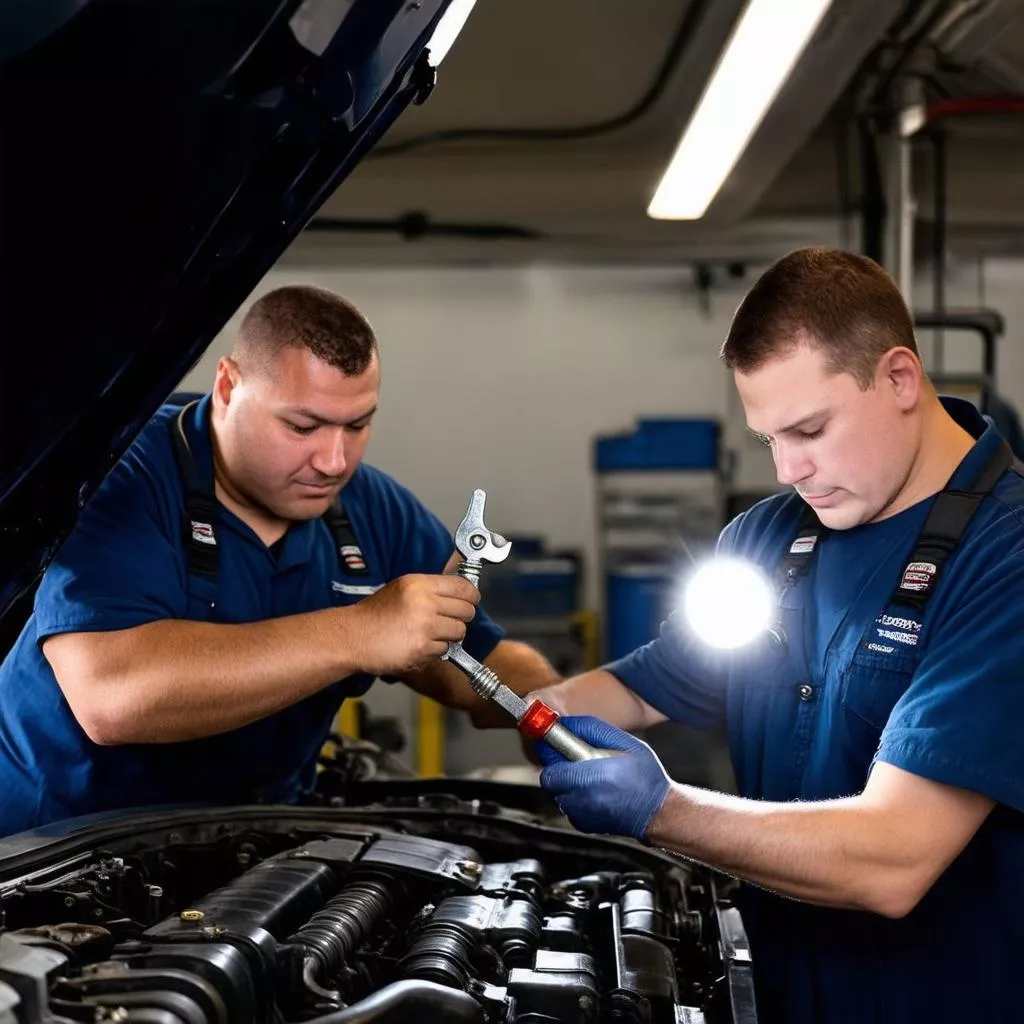 Car engine repair in progress