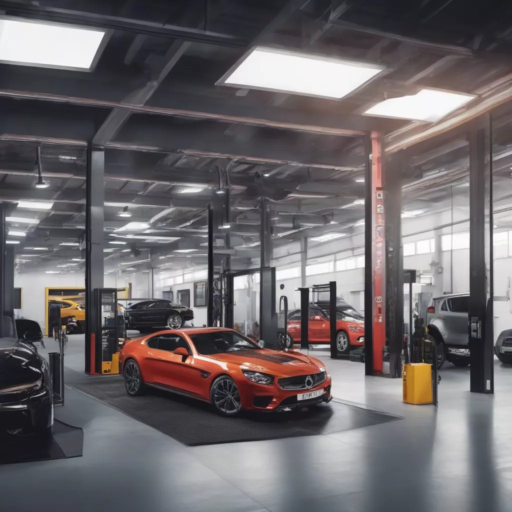 Truck being repaired in a garage