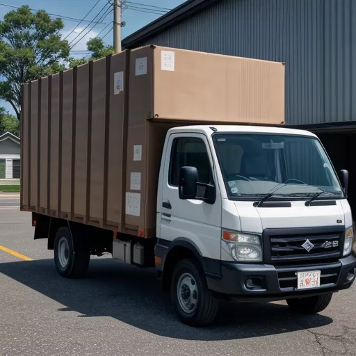 A 2019 Suzuki Carry Pro flatbed truck loaded with cargo boxes.