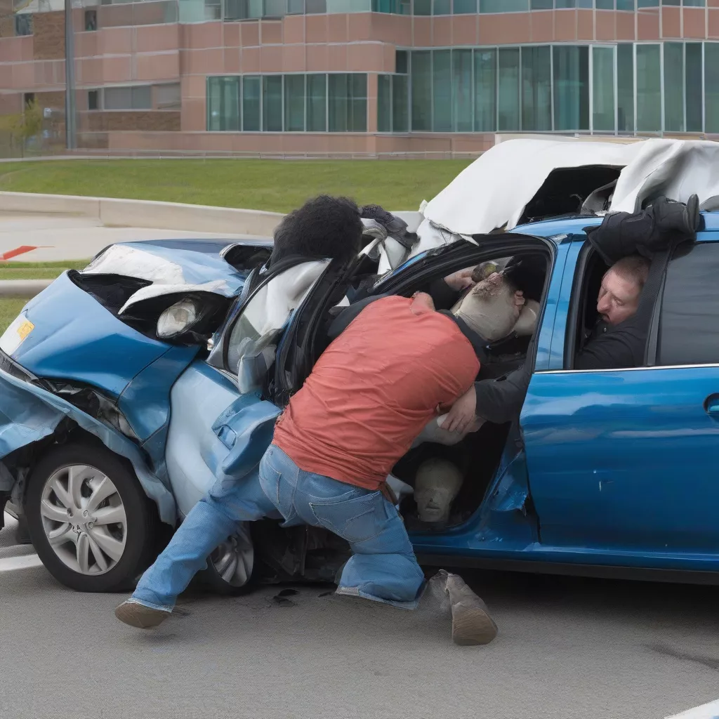 Simulation of a car accident with an unbuckled rear passenger being ejected
