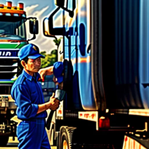 Fuel tank truck driver inspecting his vehicle