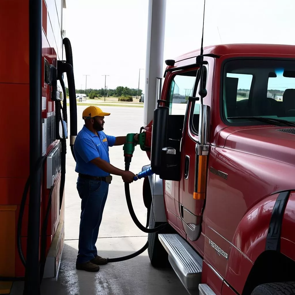 Tài xế đang đổ xăng cho xe tải
