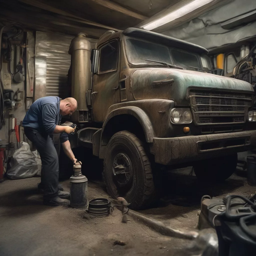 Tài xế đang kiểm tra động cơ của một chiếc xe tải Nga