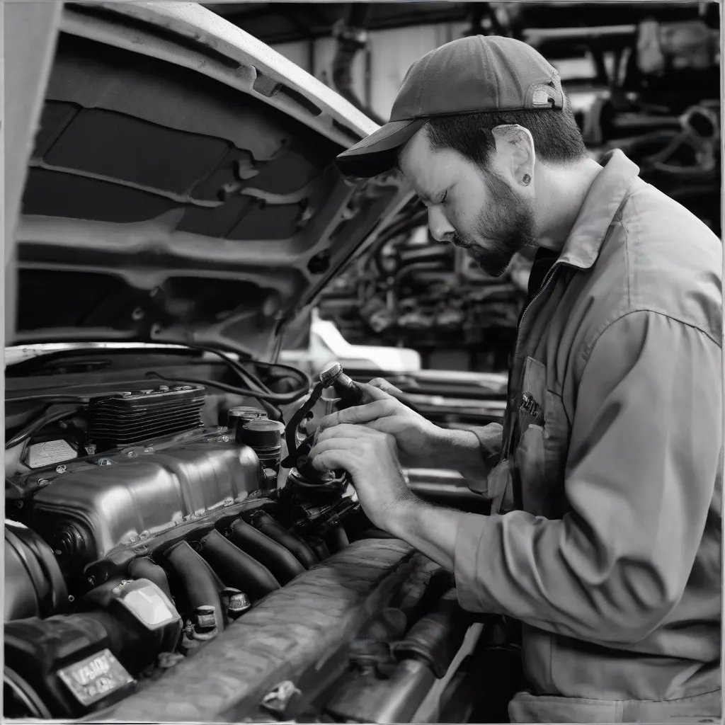 A truck driver inspecting the engine of a 4-axle truck