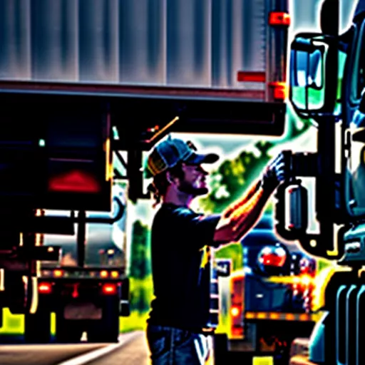 Driver inspecting a truck engine