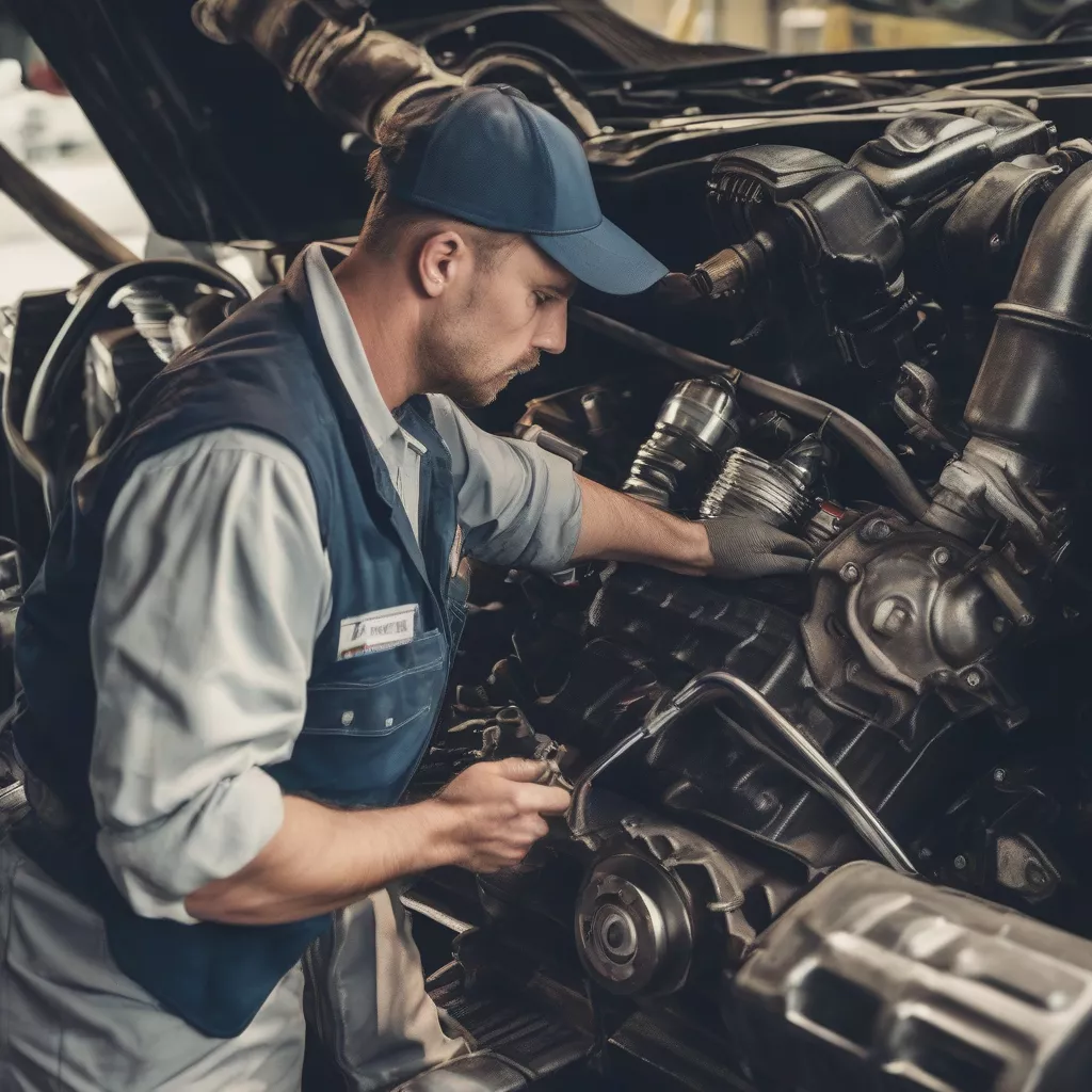 Truck driver inspecting the engine