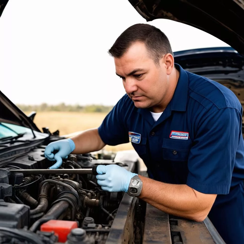 Chauffeur contrôlant le moteur d'un camion