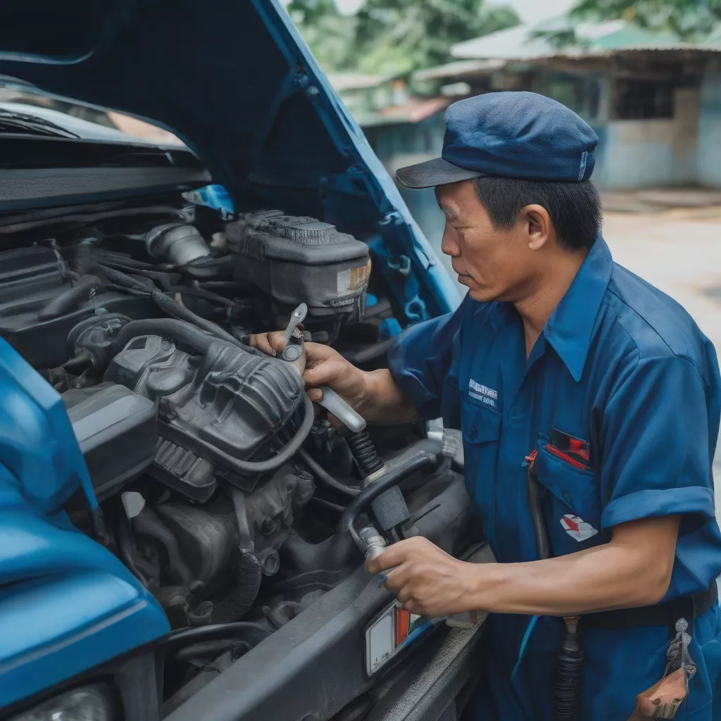 Tài xế đang kiểm tra động cơ xe tải Suzuki