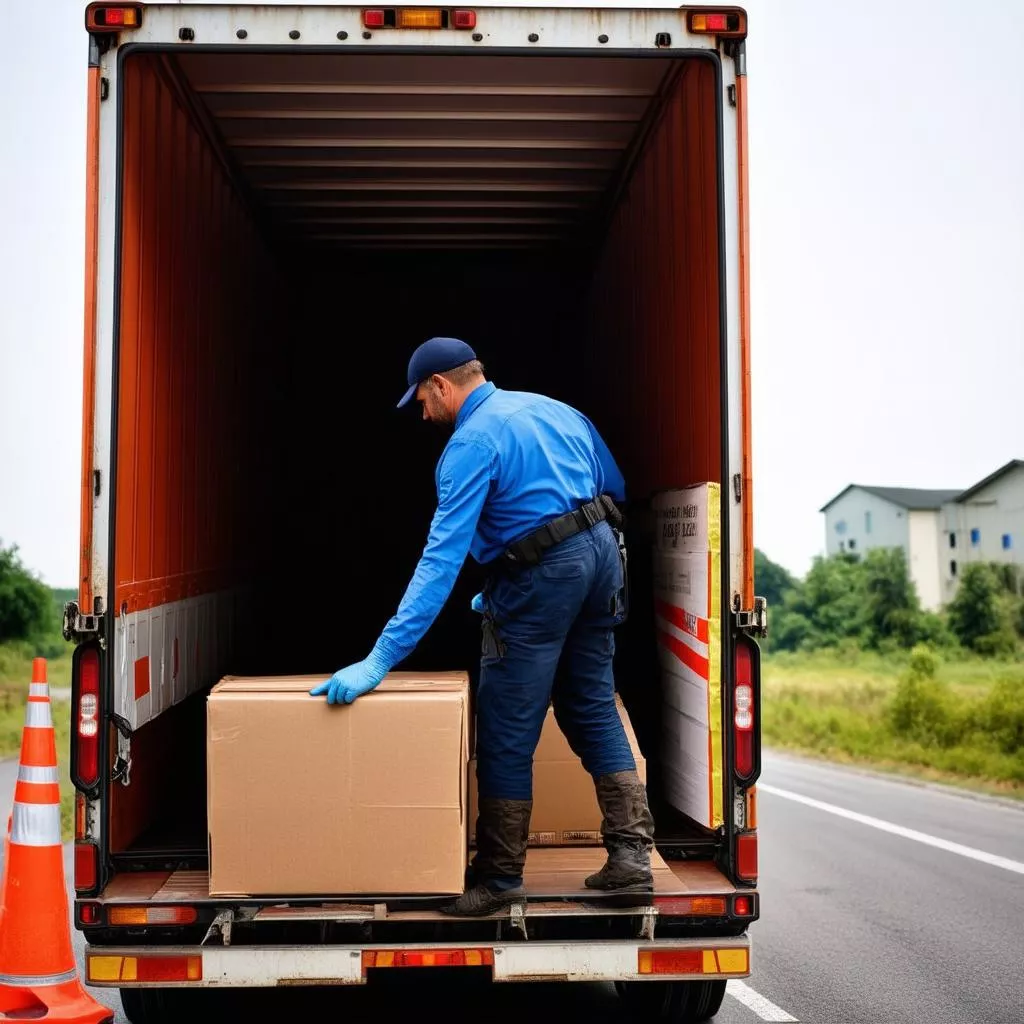 Tài xế đang kiểm tra hàng hóa trên xe tải