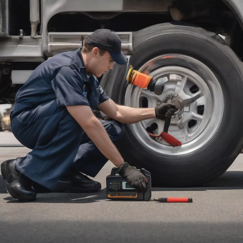 Fahrer prüft Reifen