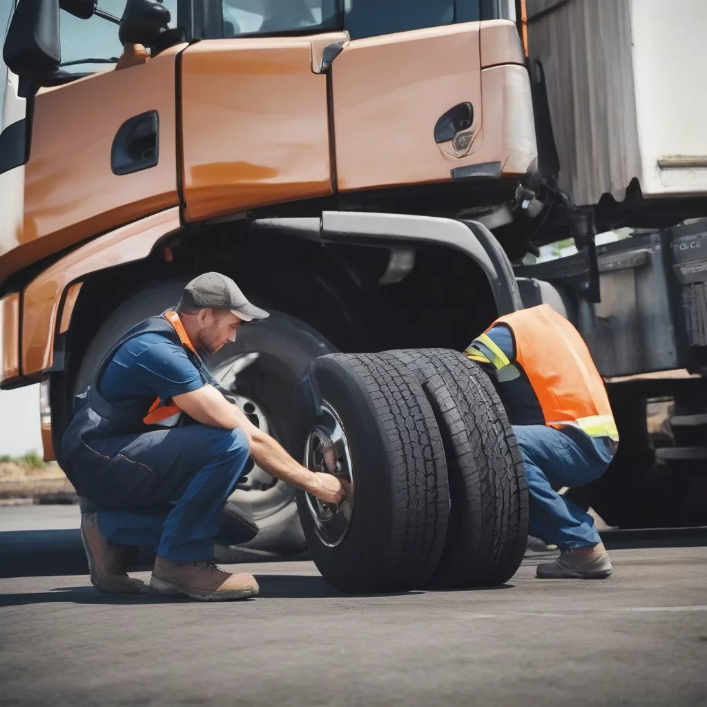 Tài xế đang kiểm tra lốp xe