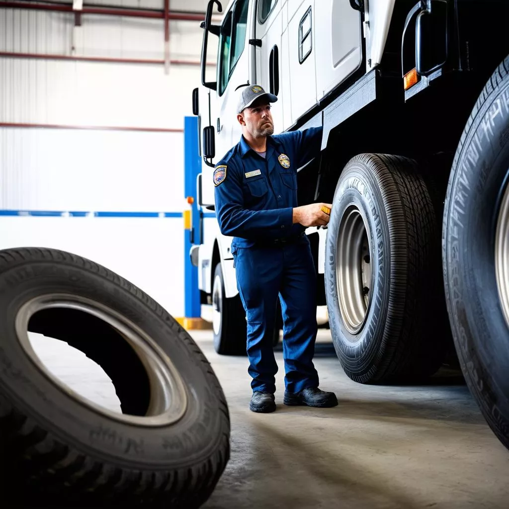 Truck driver inspecting a tire