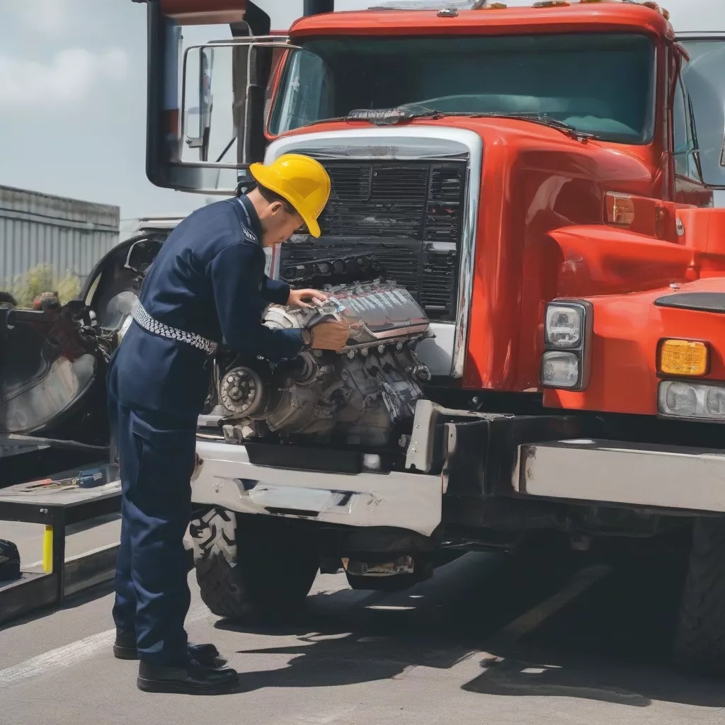 Tài xế đang kiểm tra xe tải trước khi vận chuyển