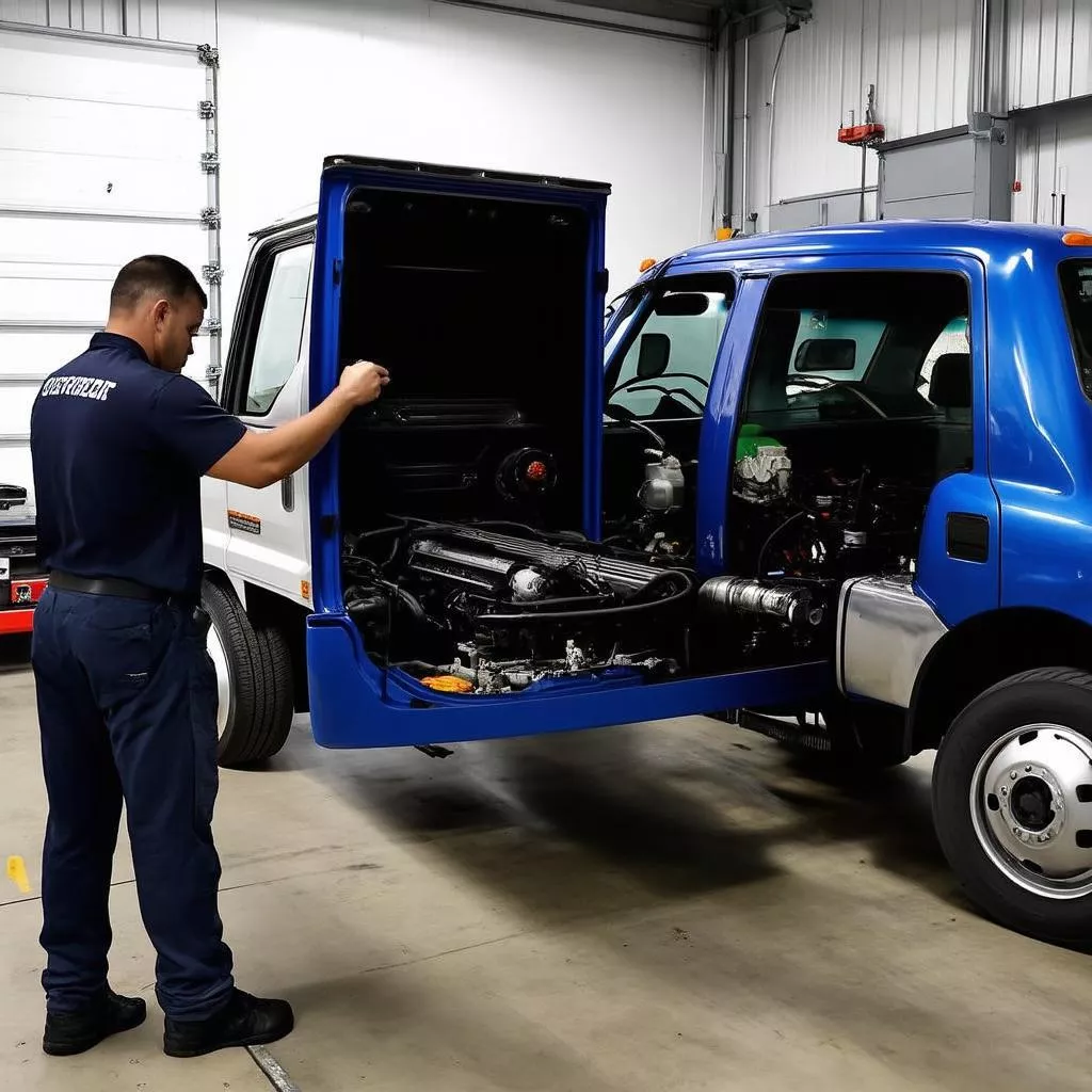 Truck driver inspecting his truck