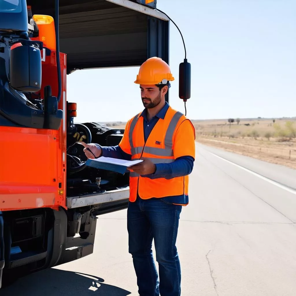 Tài xế đang kiểm tra xe tải điện