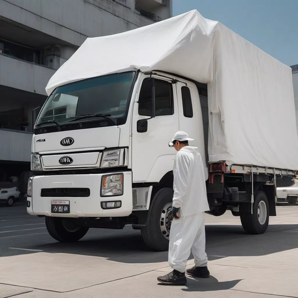 Driver inspecting a Kia K200 canvas truck