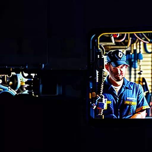 一位司机正在车库里仔细检查卡车，进行车辆维护