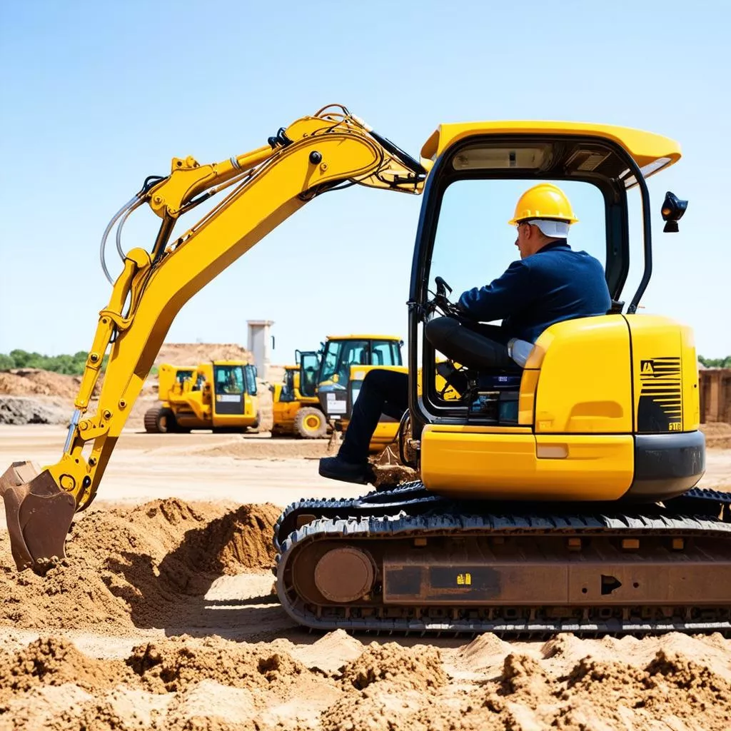 Conducteur aux commandes d'une pelle sur pneus