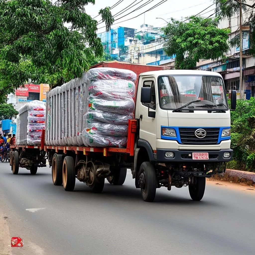 Xe tải Đô Thành vận chuyển hàng hóa trên đường phố