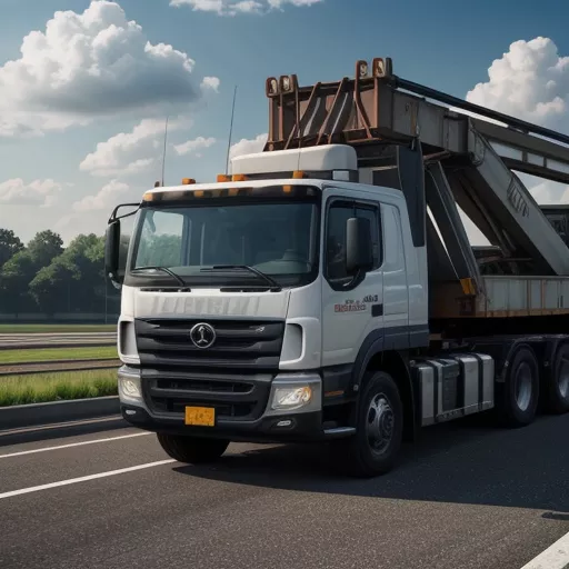 운전자가 5단 유니크 크레인 장착 트럭을 운전하는 모습