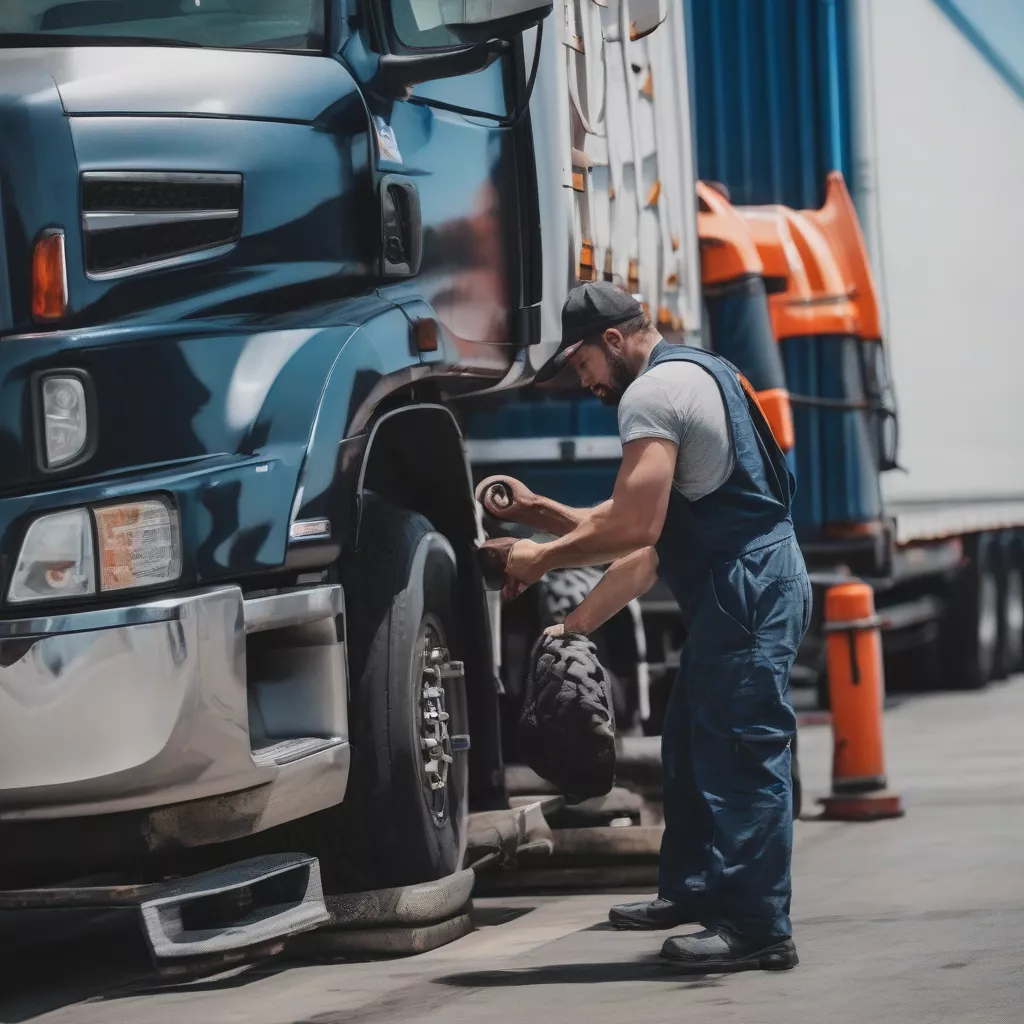 Truck driver inspecting truck tire