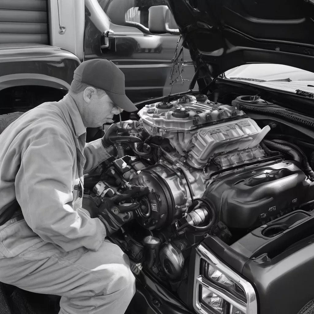 司机检查通用卡车发动机