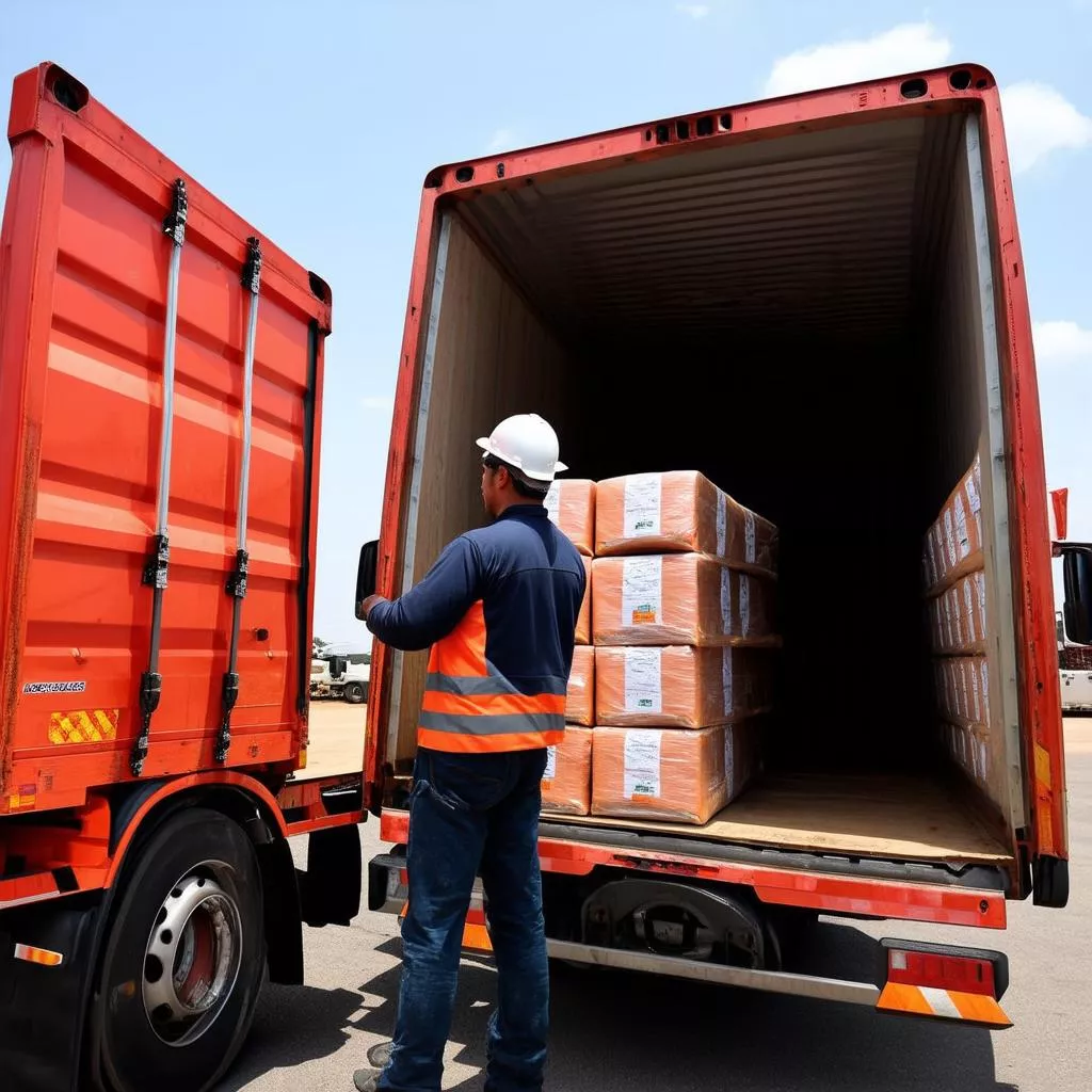 Tài xế kiểm tra hàng hóa trên xe tải