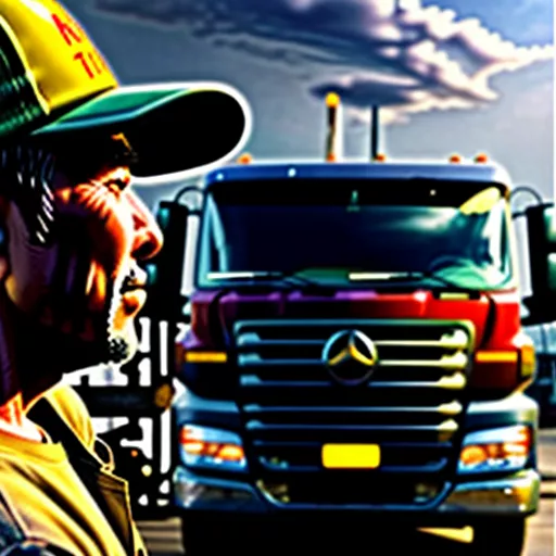 Truck driver inspecting his truck before departure