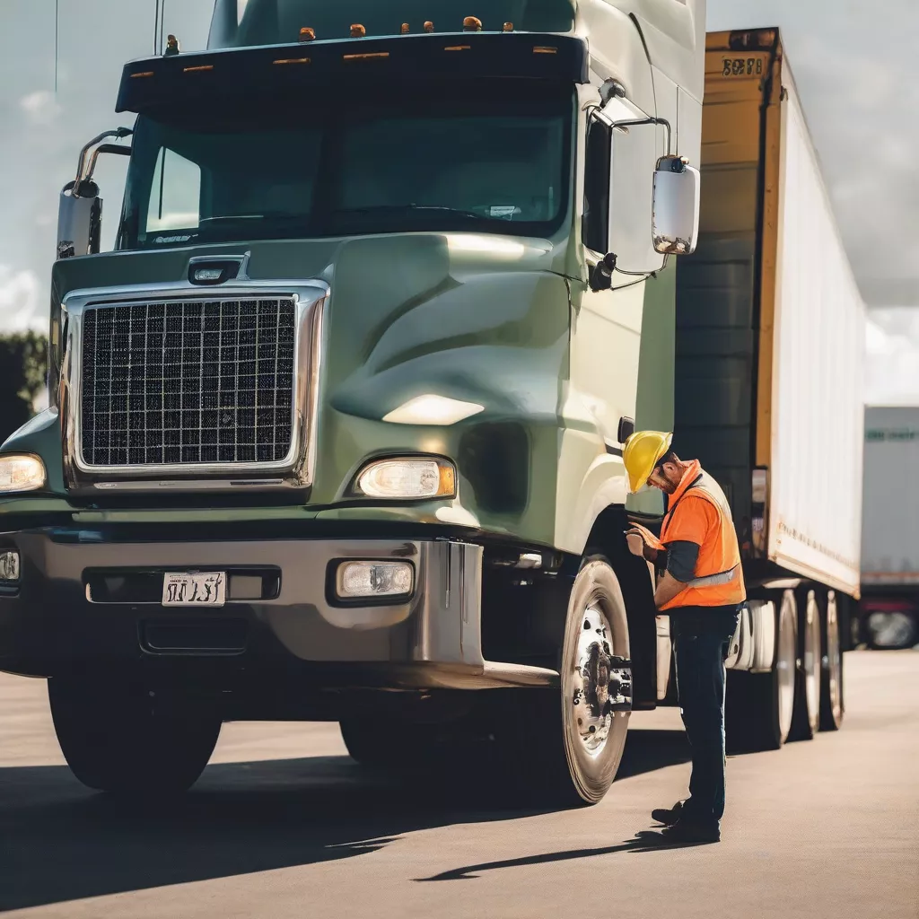 Truck driver inspecting a truck
