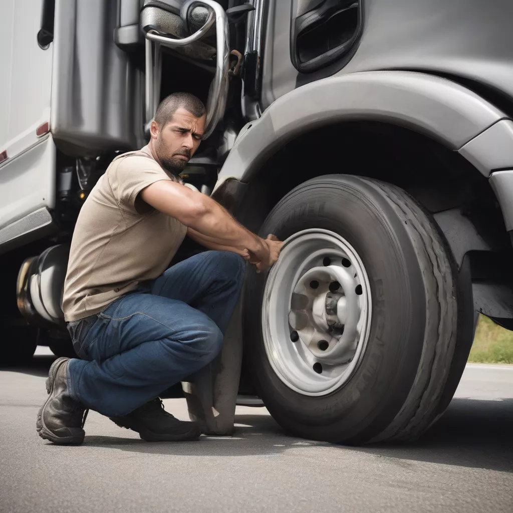 Truck driver inspecting his truck