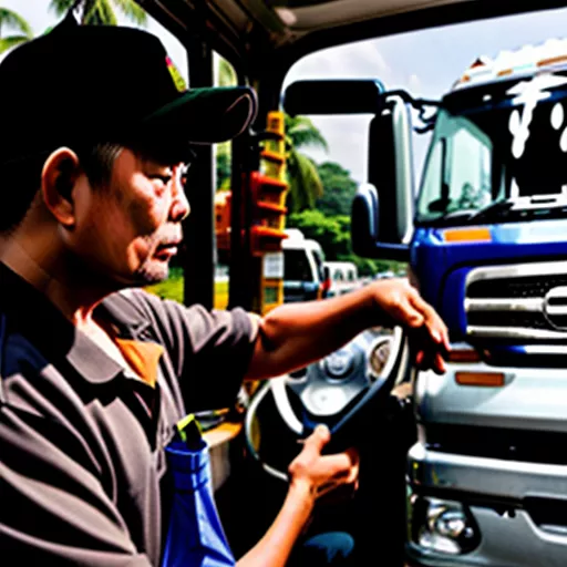 Motorista a inspecionar um camião Coneco An Thái