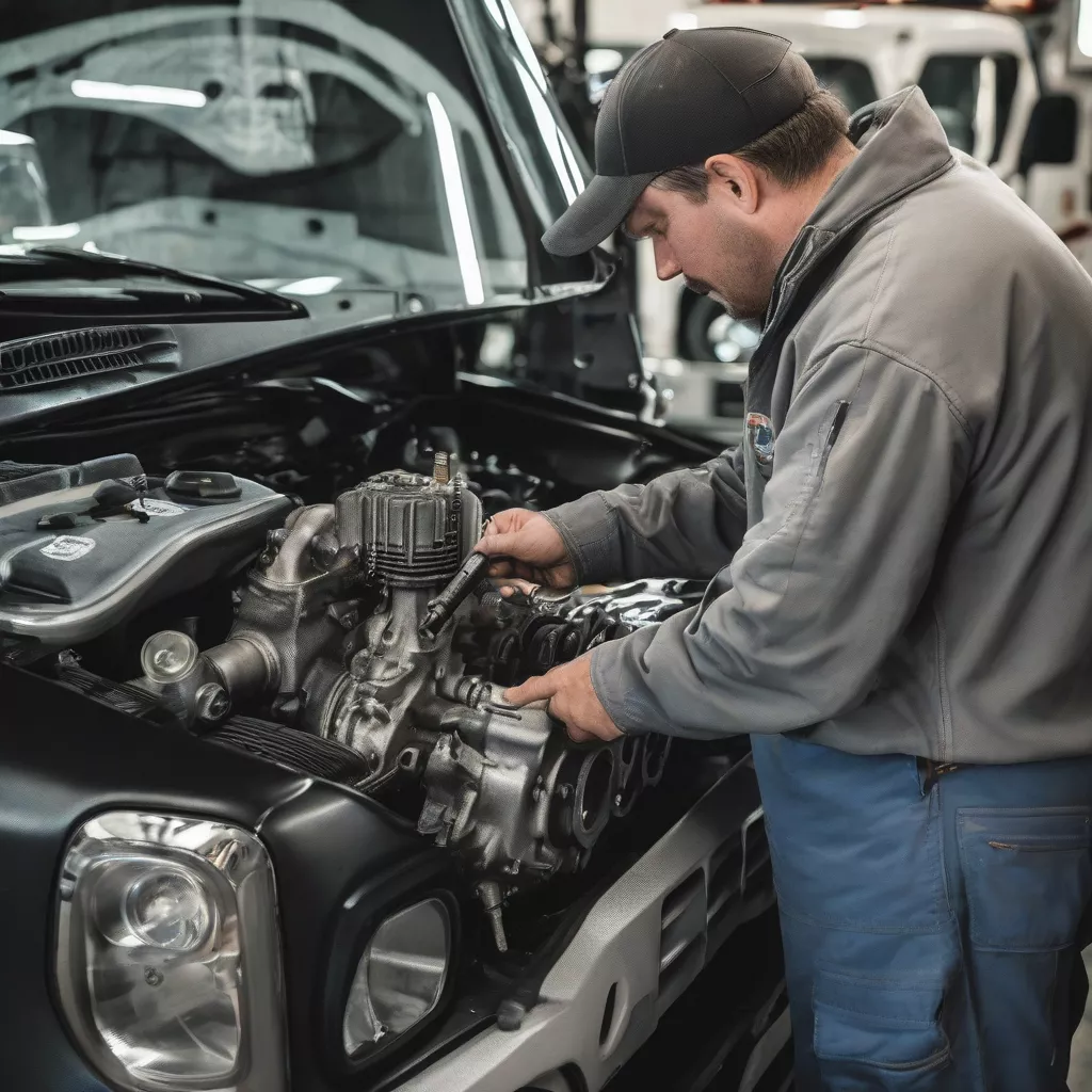 छोटे ट्रक की जाँच करता हुआ ड्राइवर