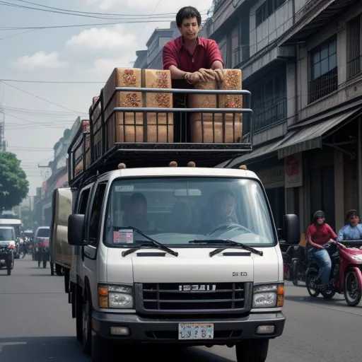 Tài xế lái xe tải Isuzu 1 tấn trên đường phố Hà Nội