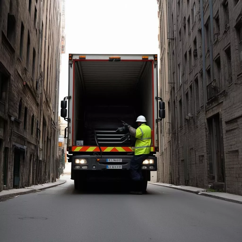 Truck driver maneuvering a truck in a narrow alley