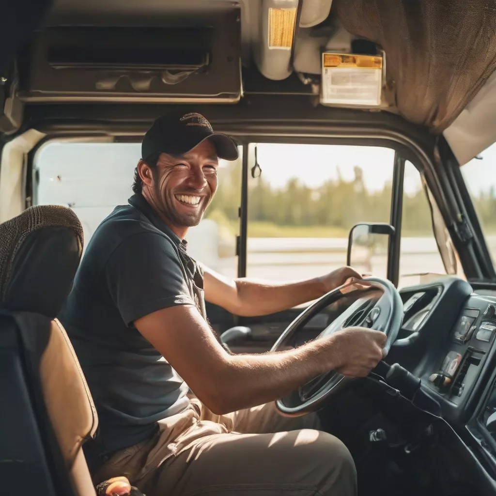 Driver enjoying cool air in an air-conditioned truck cabin