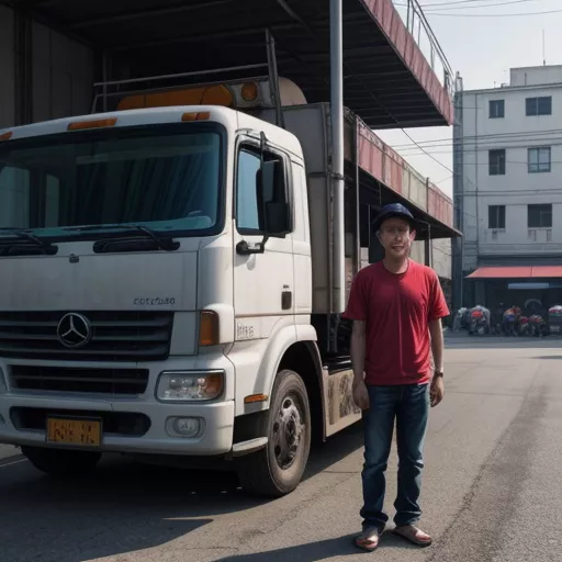 Sopir truk di samping truknya