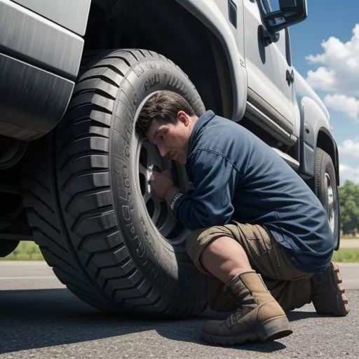 Tractor trailer driver checking tires