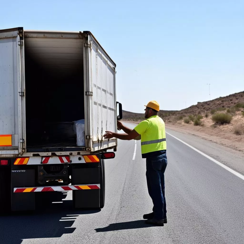 Tài xế xe tải đang kiểm tra hàng hóa