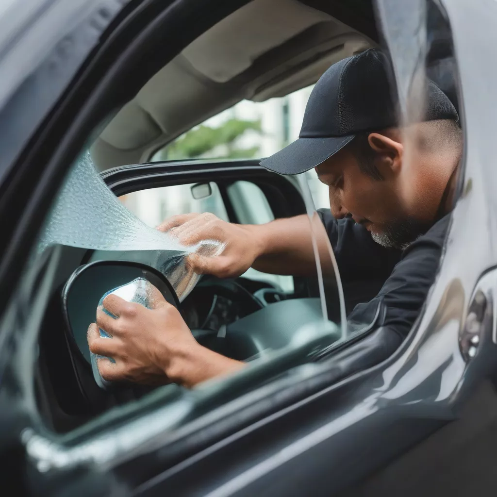 트럭 운전사가 사이드미러에 발수 필름을 붙이고 있다